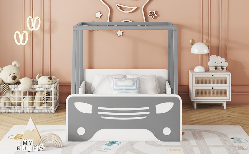 Twin Size Car-shaped Bed with Roof,Wooden Twin Floor Bed with wheels and door Design,Montessori Inspired Bedroom,Grey