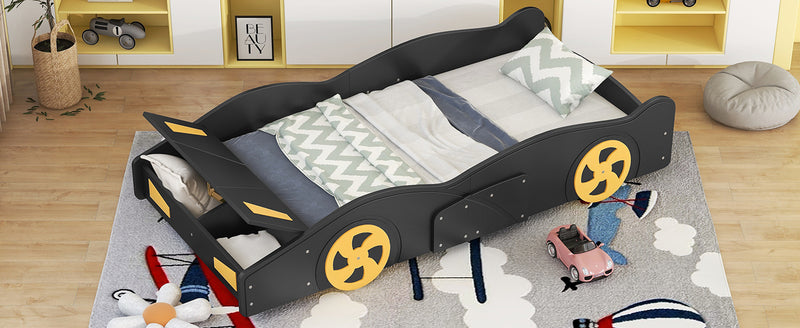 Twin Size Race Car-Shaped Platform Bed with Wheels and Storage, Black+Yellow