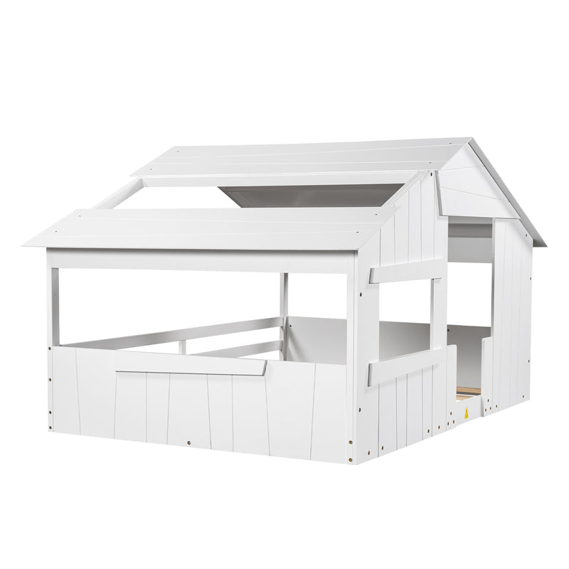 Wood Full Size House Bed with Roof, Window and Guardrail, White