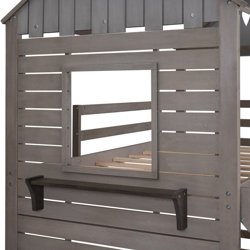 Twin Over Twin Bunk Bed Wood Bed with Roof, Window, Slide, Ladder ,Antique Gray(OLD SKU:LP000059AAE)