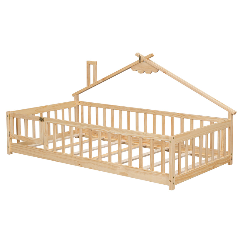 Twin House-Shaped Bedside Floor Bed with Guardrails, Slats, with Door,Natural