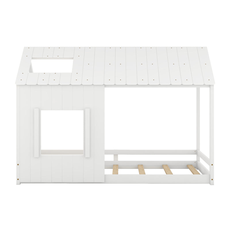 Twin Size House Bed with Roof and Window - White