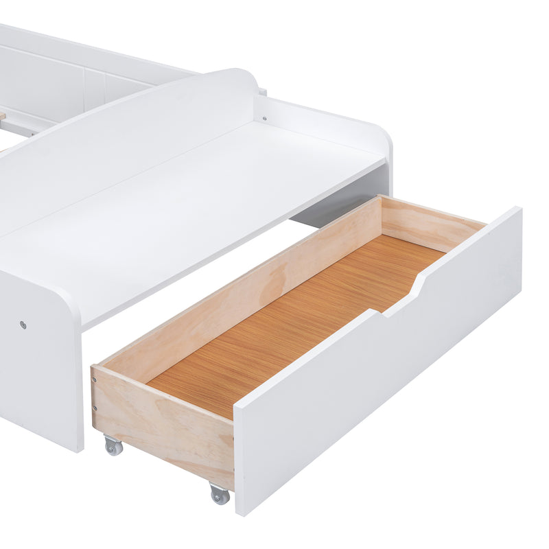 Twin Size House Bed with Bench, Socket and Shelves, White