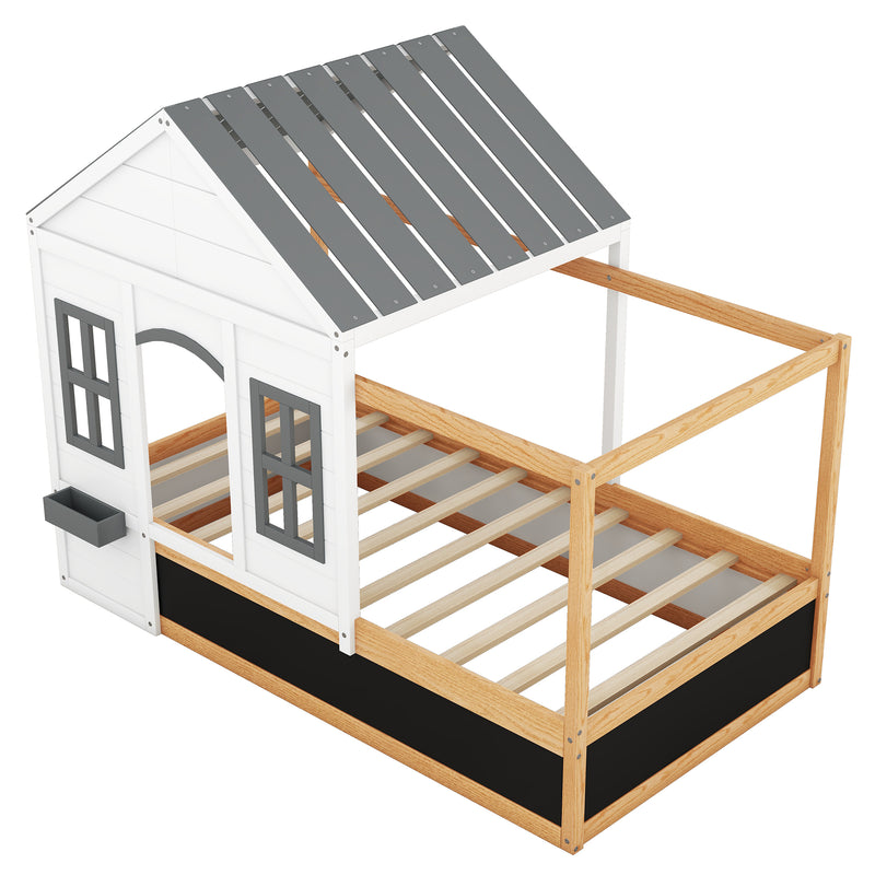 Twin Size House Shaped Canopy Bed with Black Roof and White Window,Blackboard and Little Shelf, White(Old SKU: WF294051AAK)