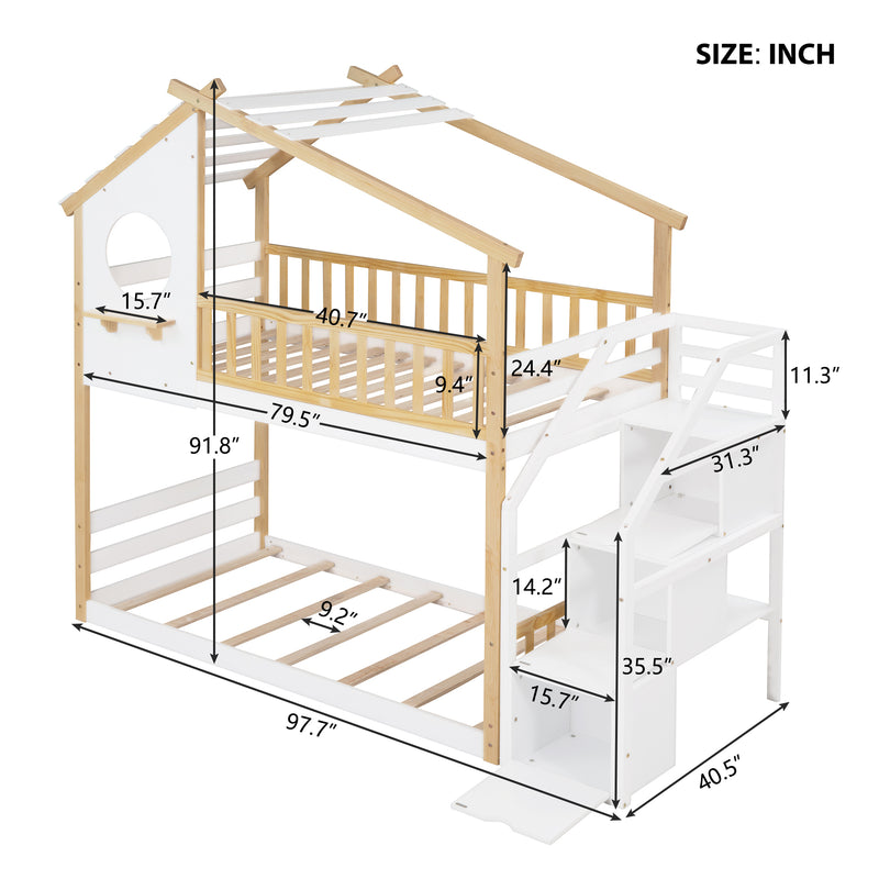 Stairway Twin-Over-Twin Bunk Bed,House Bed,Storage and Guard Rail,Natural Bed +White Stair(OLD SKU :LT000308AAK)