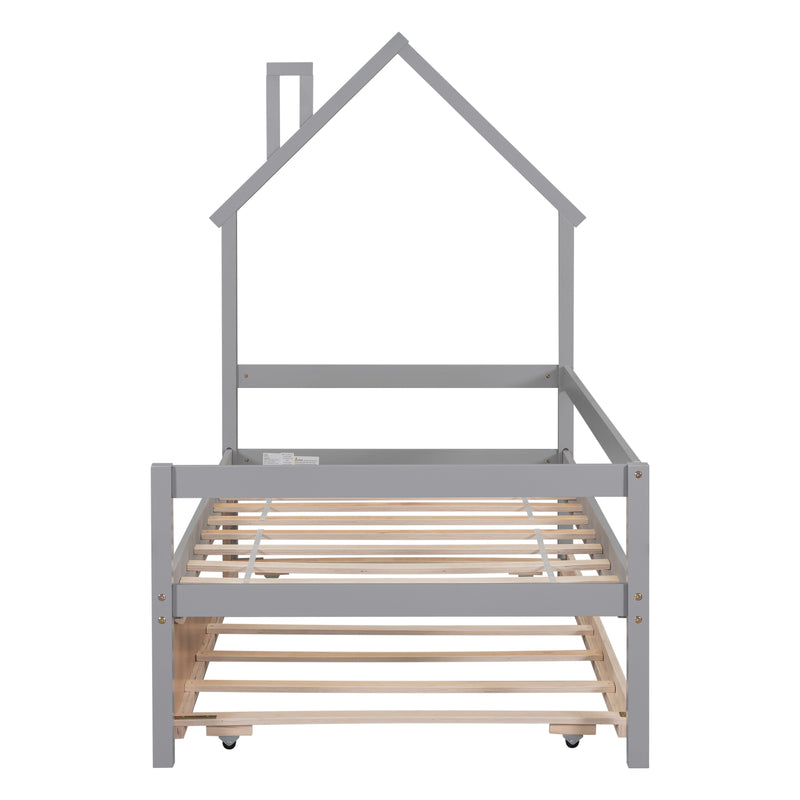 Twin House Wooden Daybed with trundle, Twin House-Shaped Headboard  bed with Guardrails,Grey