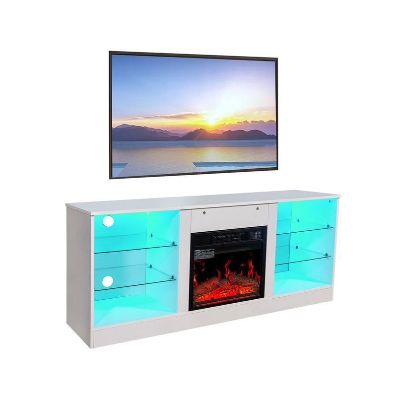 Fireplace TV Stand With 18" Electric Fireplace Heater, Modern Entertainment Center For TVs Up To 62" With Adjustable Glass Shelves And Storage Cabinets