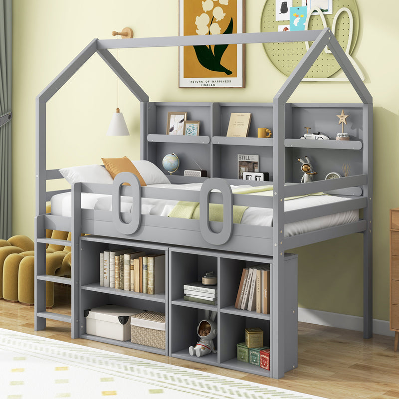 Twin Size House Loft Bed with Multiple Storage Shelves, Grey