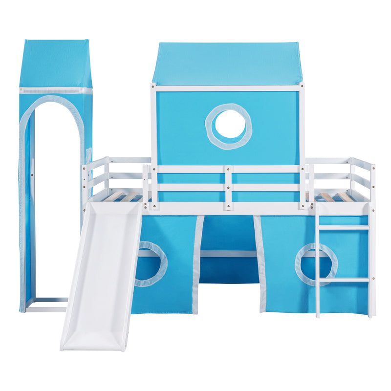 Twin Size Bunk Bed with Slide Blue Tent and Tower - Blue