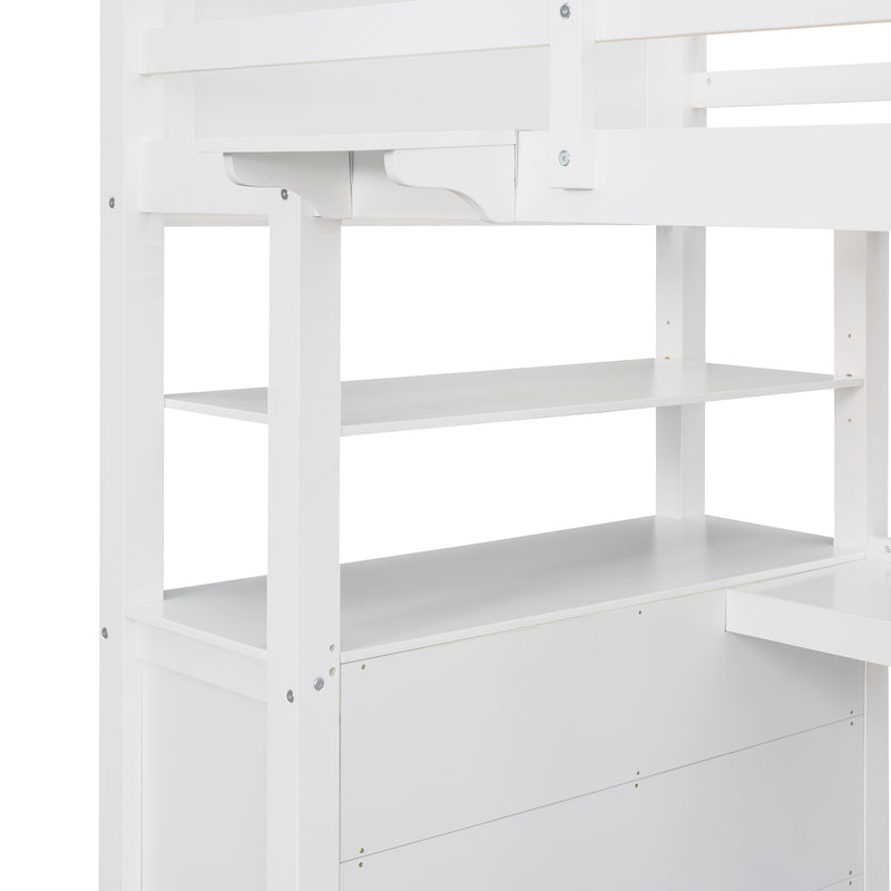 Twin size Loft Bed with Drawers and Desk, Wooden Loft Bed with Shelves - White(OLD SKU: LT001530AAK)