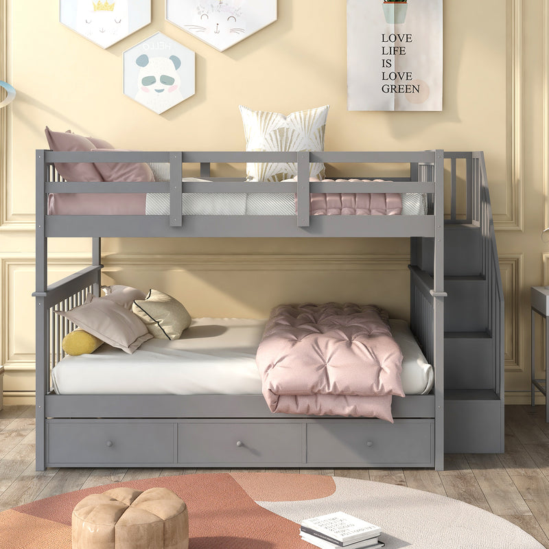 Stairway Full-Over-Full Bunk Bed with Drawer, Storage and Guard Rail for Bedroom, Gray color( old sku: LP000310AAE )