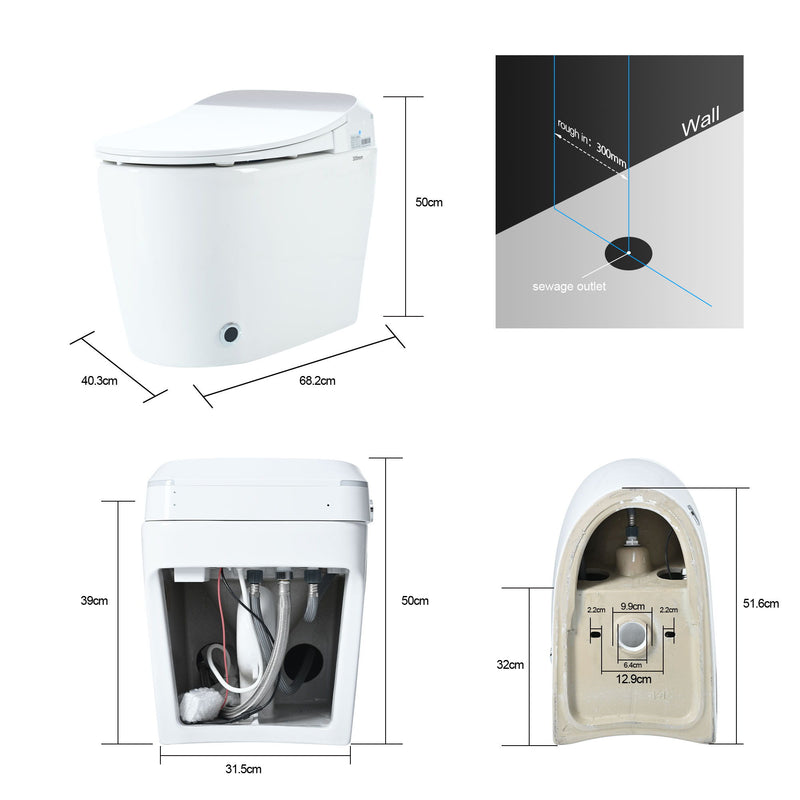 Heated Seat Smart Toilet, One Piece Toilet, Automatic Flush Tank Less Toilet Without Bidet, With Foot Sensor Flush - White Night Light, Knob Control, Power Outage Flushing, Soft Close Cover - White