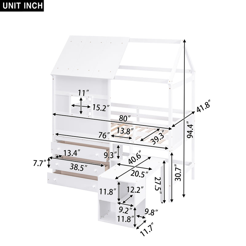 Twin Size House Loft Bed with Storage Desk and 3 Drawer Chest, White