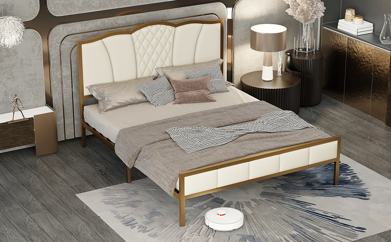 Queen Size Bed Frame, Modern Upholstered Bed Frame with Tufted Headboard, Golden Metal Platform Bed Frame with Wood Slat Support, Noise Free, No Box Spring Needed,Beige