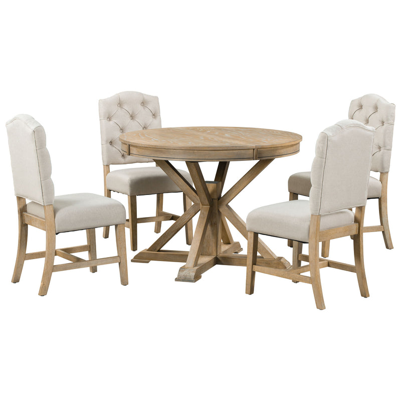 Functional Furniture Retro Style Dining Table Set With Extendable Table And 4 Upholstered Chairs For Dining Room And Living Room