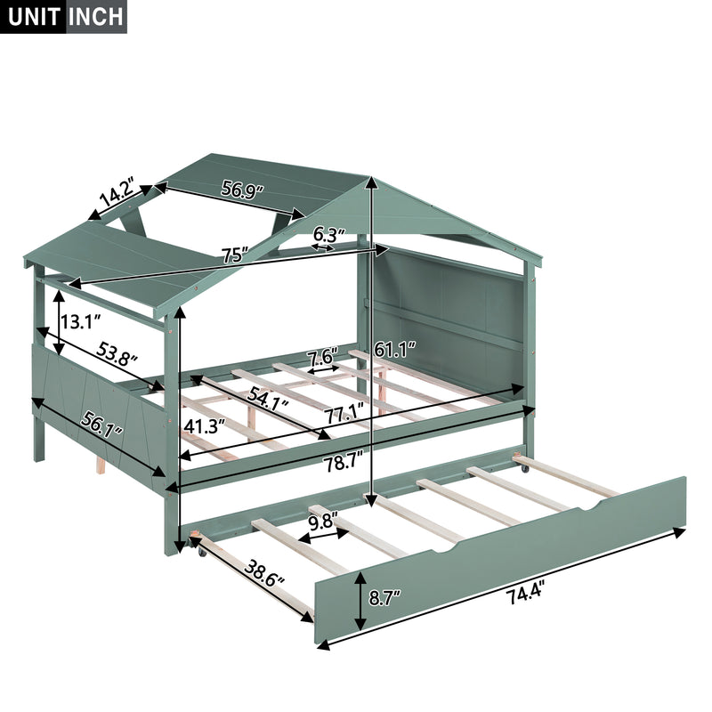 Wood Full Size House Bed with Twin Size Trundle and Storage, Green