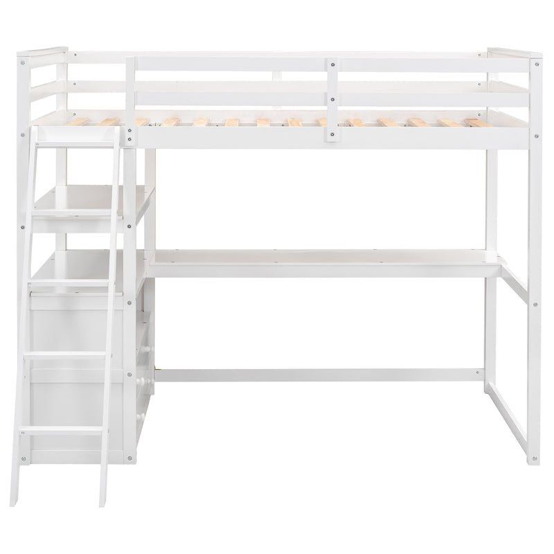 Twin Size Loft Bed with Desk and Shelves, Two Built-in Drawers, White(Old SKU: GX000423AAK)