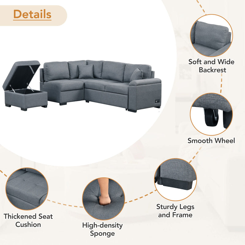 Sleeper Sectional Sofa, L-Shape Corner Couch Sofa Bed With Storage Ottoman & Hidden Arm Storage & USB Charge For Living Room Apartment