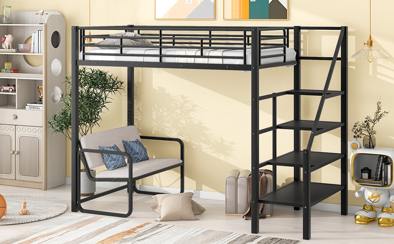 Twin Size Metal Loft Bed with Bench and Storage Staircase, Black