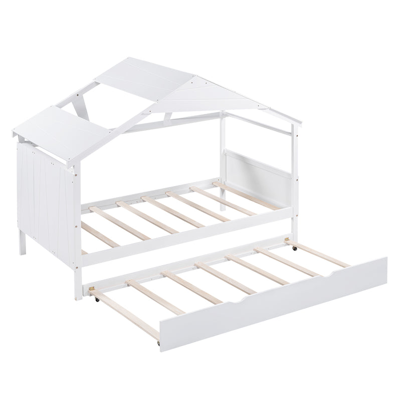 Wood Twin Size House Bed with Trundle and Storage, White