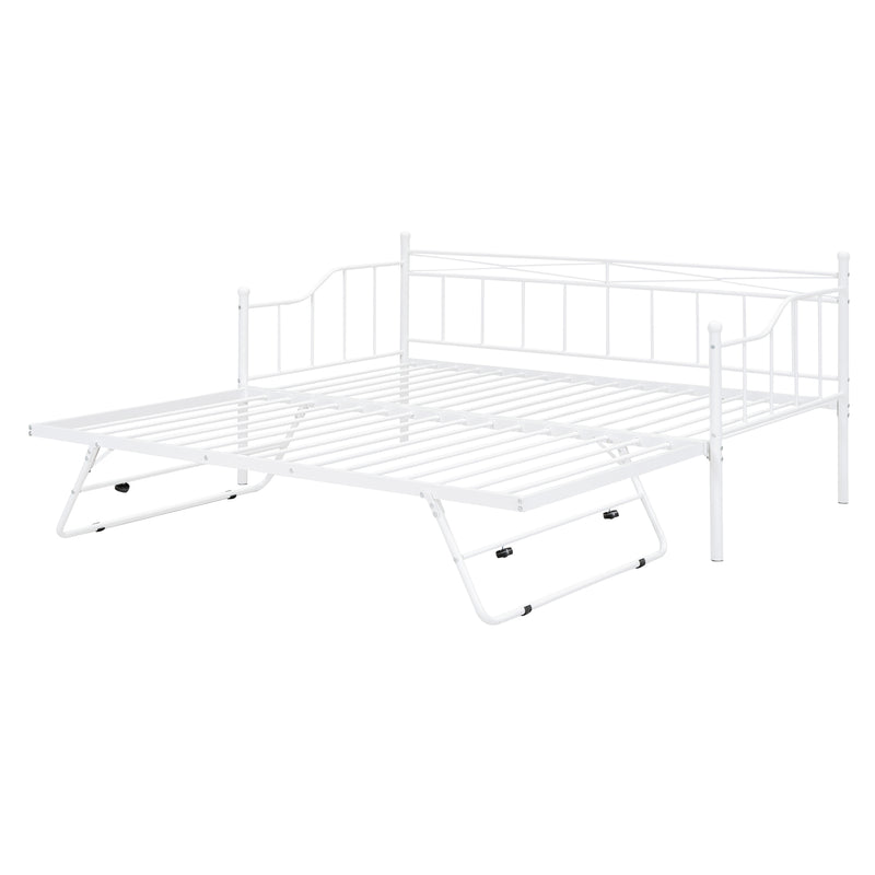 Twin Size Metal Daybed with Twin Size Adjustable Trundle, Portable Folding Trundle, White