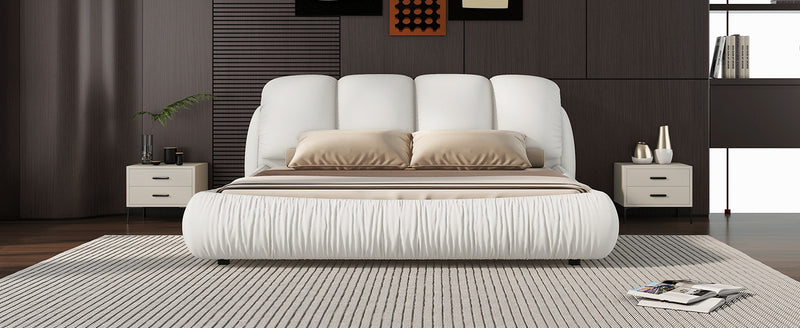 Queen Size Luxury Upholstered Bed With Thick Headboard, Leather Queen Bed with Oversized Padded Backrest, White(Expect Arrival Date 2024/3/27)