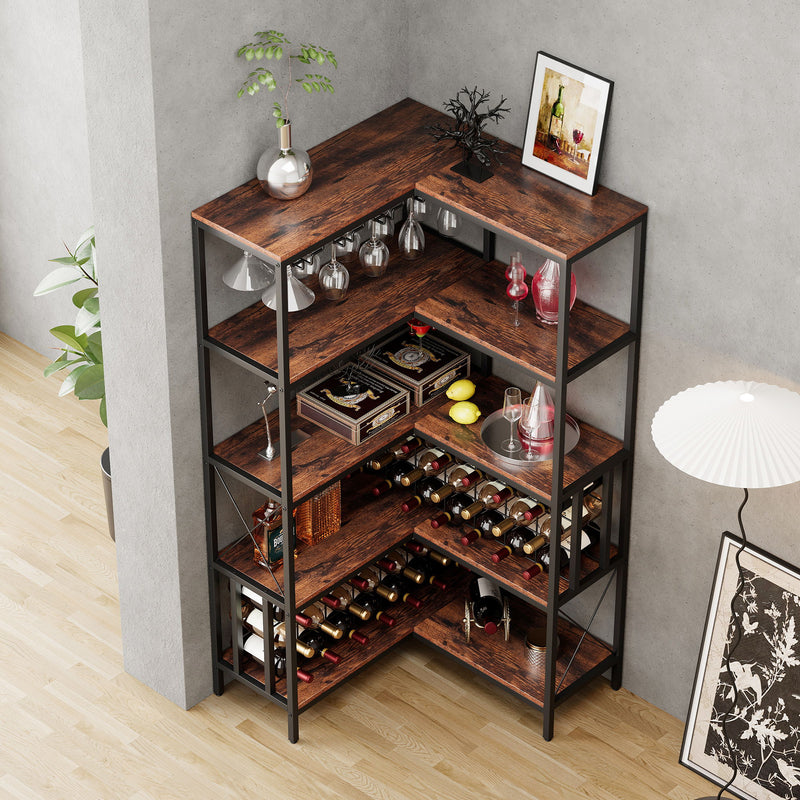 Corner Wine Rack Bar Cabinet Industrial Freestanding Floor Bar Cabinets For Liquor And Glasses Storage For Home Kitchen - Walnut / Black