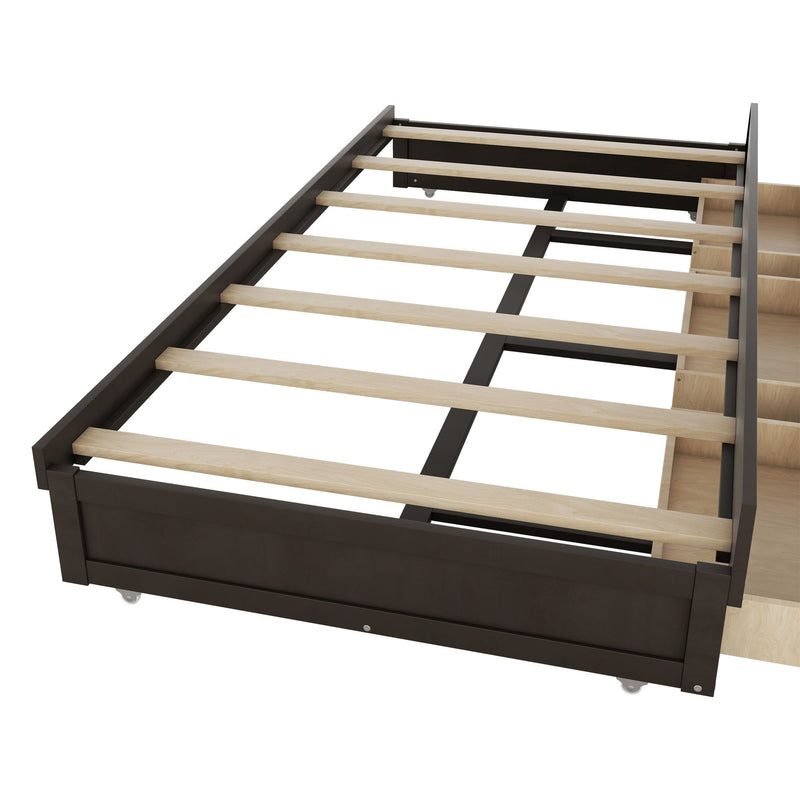 Wooden LED Platform Bed With Trundle, With Storage Headboard, With Drawers