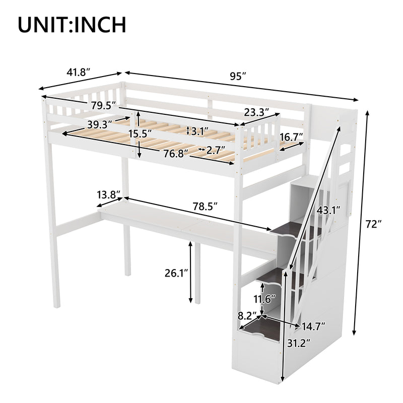 Twin Size Loft Bed with Storage Staircase and Built-in Desk, White (Old SKU:GX000903AAK)