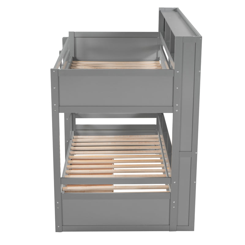 Twin Size Bunk Bed with Built-in Shelves Beside both Upper and Down Bed and Storage Drawer,Gray