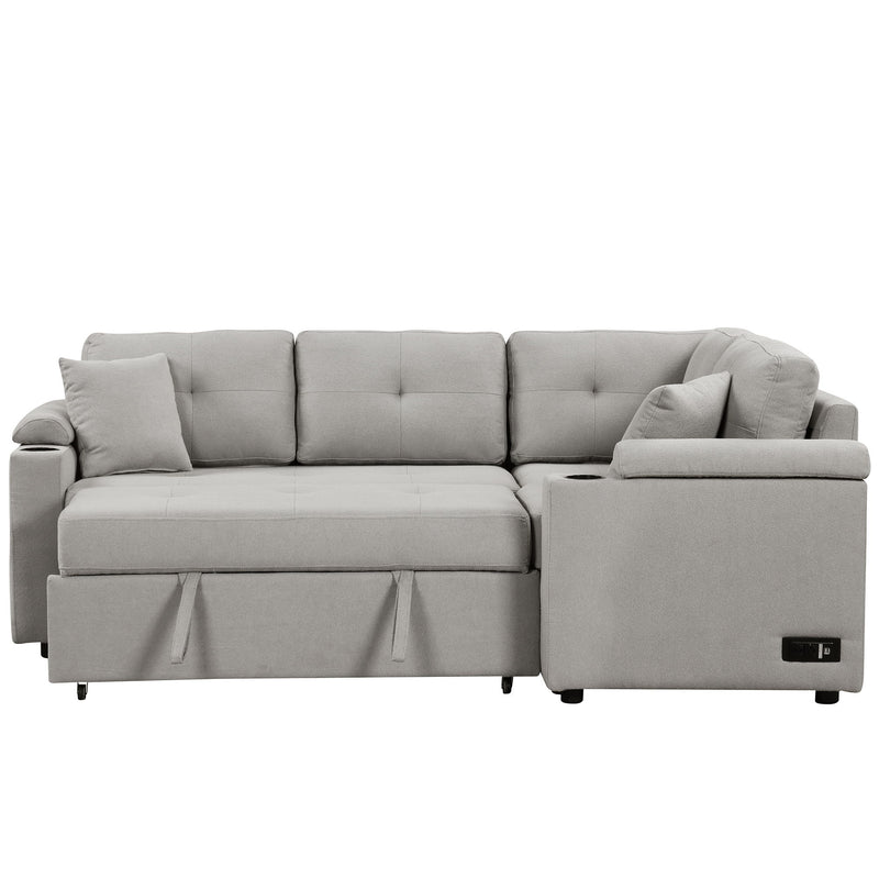 L-Shape Sofa Bed Pull-Out Sleeper Sofa With Wheels, USB Ports, Power Sockets For Living Room