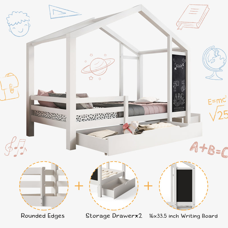 Twin House Bed with Blackboard and Drawers, Two assembly options, White