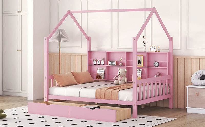 Wooden Full Size House Bed with 2 Drawers,Kids Bed with Storage Shelf, Pink