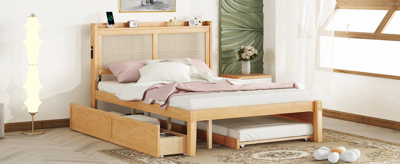 Queen Size Elegant Bed Frame with Rattan Headboard and Sockets ,Walnut