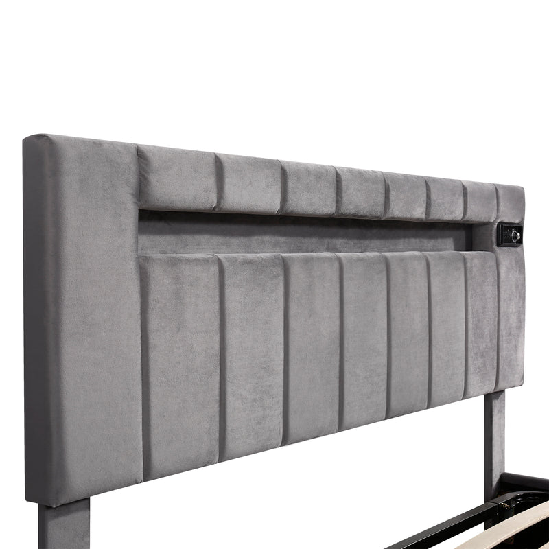 Upholstered Bed Full Size with LED light, Bluetooth Player and USB Charging, Hydraulic Storage Bed in Gray Velvet Fabric