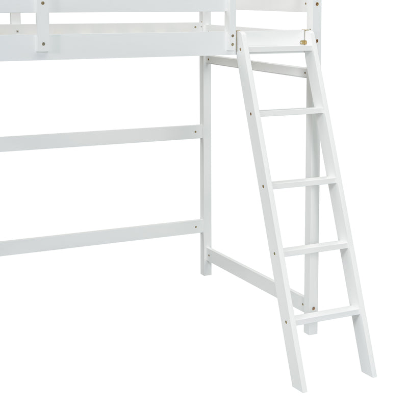 Twin Size High Loft Bed with inclined Ladder, Guardrails,White