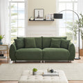 Teddy Wool Beige Sofa With Four Throw Pillows And Hardware Feet Can Sit Comfortably In An Apartment Bedroom Without Taking Up Space