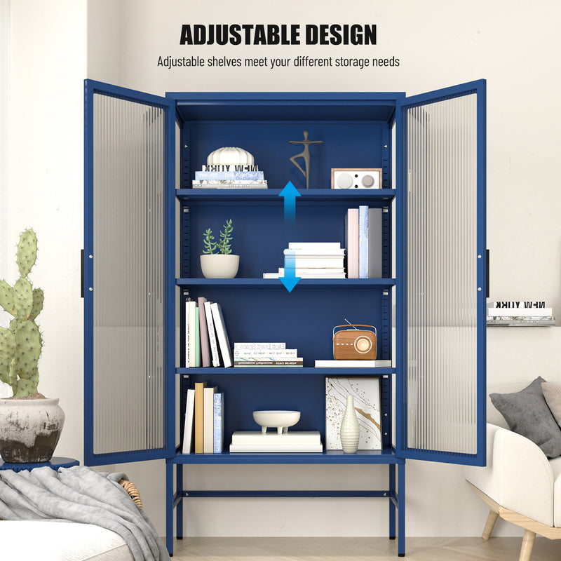 Double Glass Door Storage Cabinet with Adjustable Shelves and Feet Cold-Rolled Steel Sideboard Furniture for Living Room Kitchen BLUE