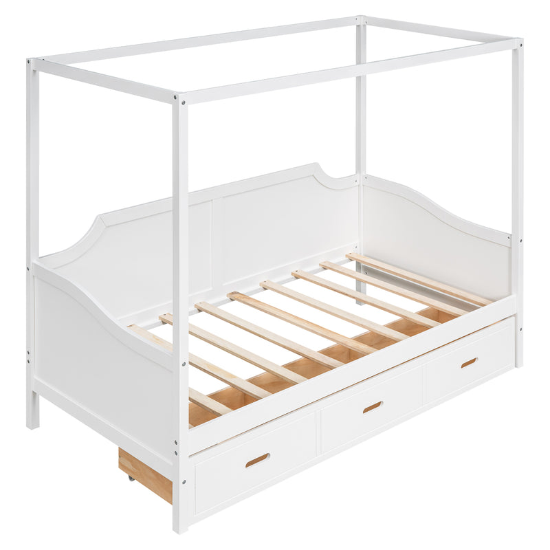 Twin Size Wooden Canopy Daybed with 3 in 1 Storage Drawers,White