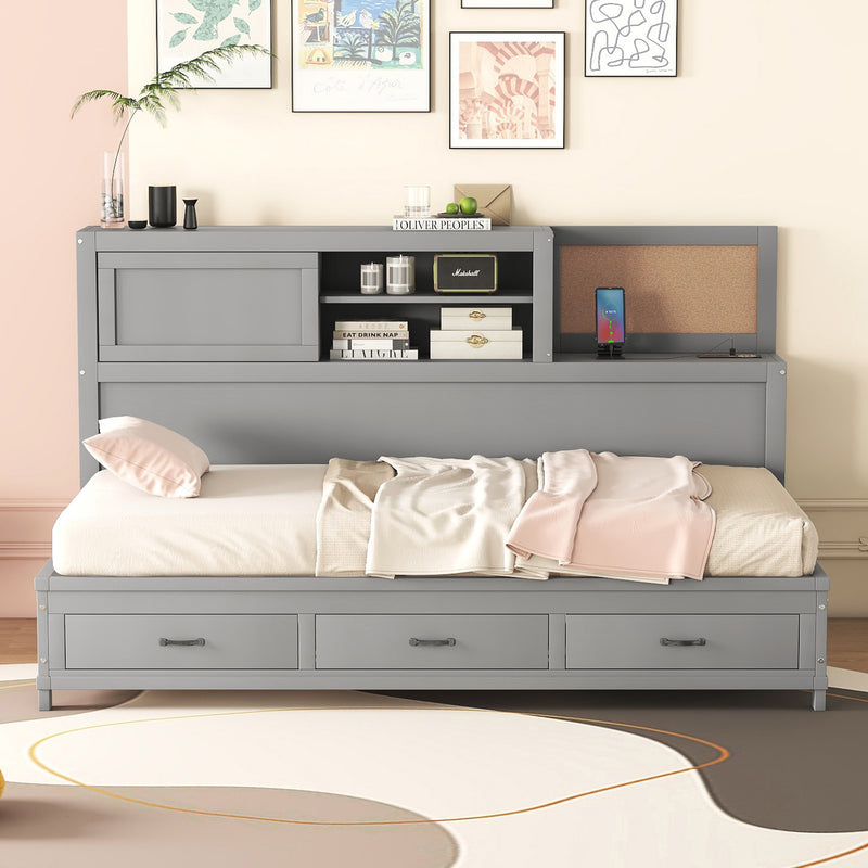 Twin Size Wooden Daybed with 3 Storage Drawers, Upper Soft Board, shelf, and a set of Sockets and USB Ports, Gray