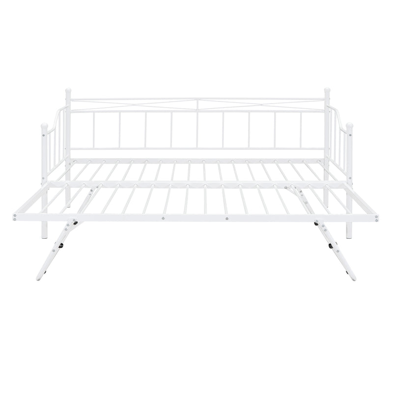 Twin Size Metal Daybed with Twin Size Adjustable Trundle, Portable Folding Trundle, White