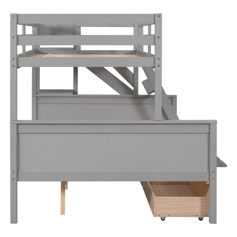 Twin over Full Bunk Bed with 2 Drawers,Slide,Shelves Grey