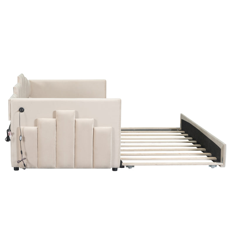 Twin Size Upholstered Daybed with Light and USB Port, Beige