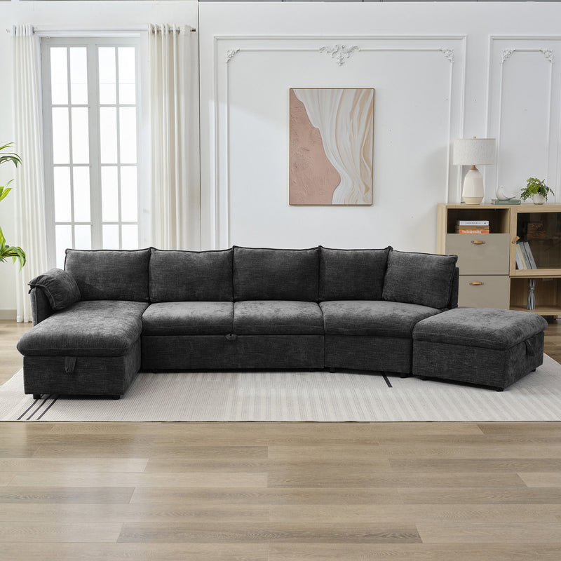 L-Shaped Sofa Sectional Sofa Couch Pull-Out Sofa Bed With A Movable Storage Ottoman, A Storage Chaise Lounge And Two USB Ports For Living Room