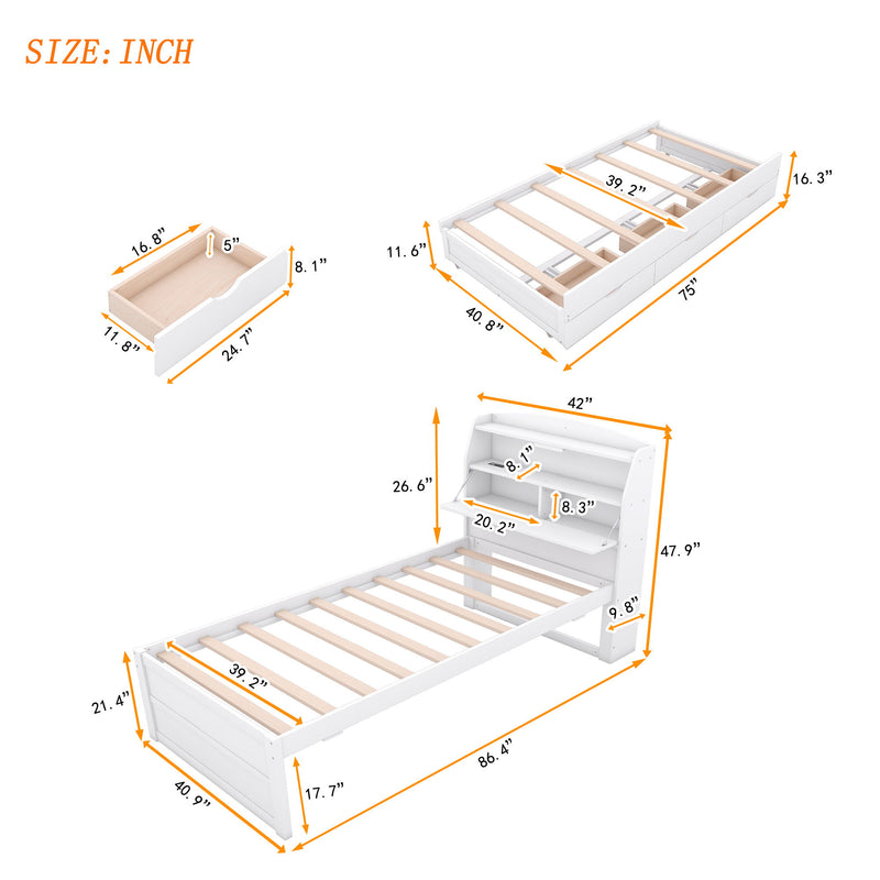 Wooden LED Platform Bed With Trundle, With Storage Headboard, With Drawers