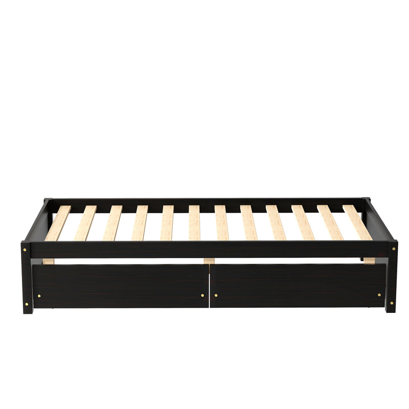 Twin Bed with 2 Drawers, Solid Wood, No Box Spring Needed ,Espresso(New SKU:W504P149043)