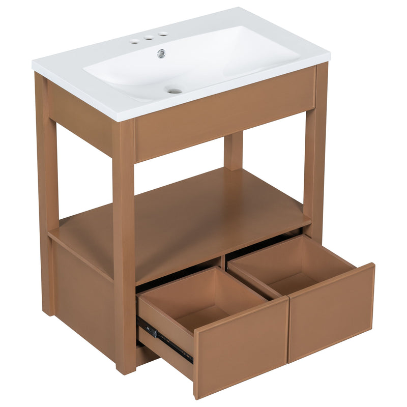 Bathroom Vanity With Sink Top, Bathroom Cabinet With Open Storage Shelf And Two Drawers - Brown