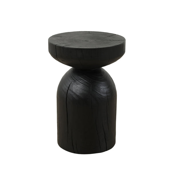 Solid Pine Wood Wide Round Contemporary Wooden Accent Table Burnt Vintage Cracked End Table - Black