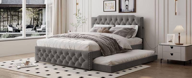 Queen Size Upholstered Platform Bed with Twin Size Trundle and 2 sets of USB Ports on each side, Linen Fabric, Gray