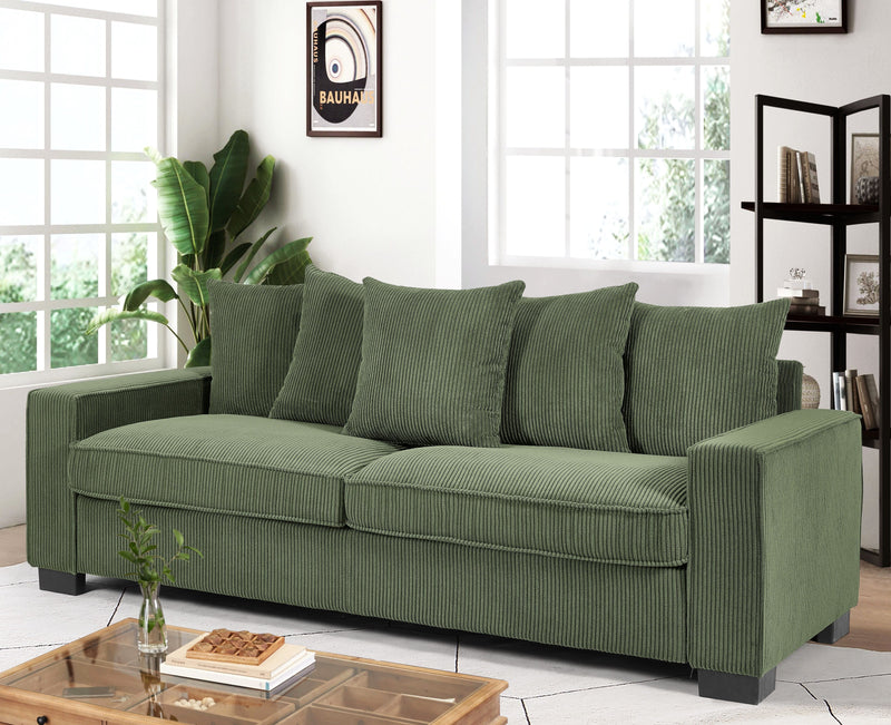 Luxe Corduroy Sofa With 5 Matching Toss Pillows, Sleek Design, Spacious And Comfortable 3 Seater Couch